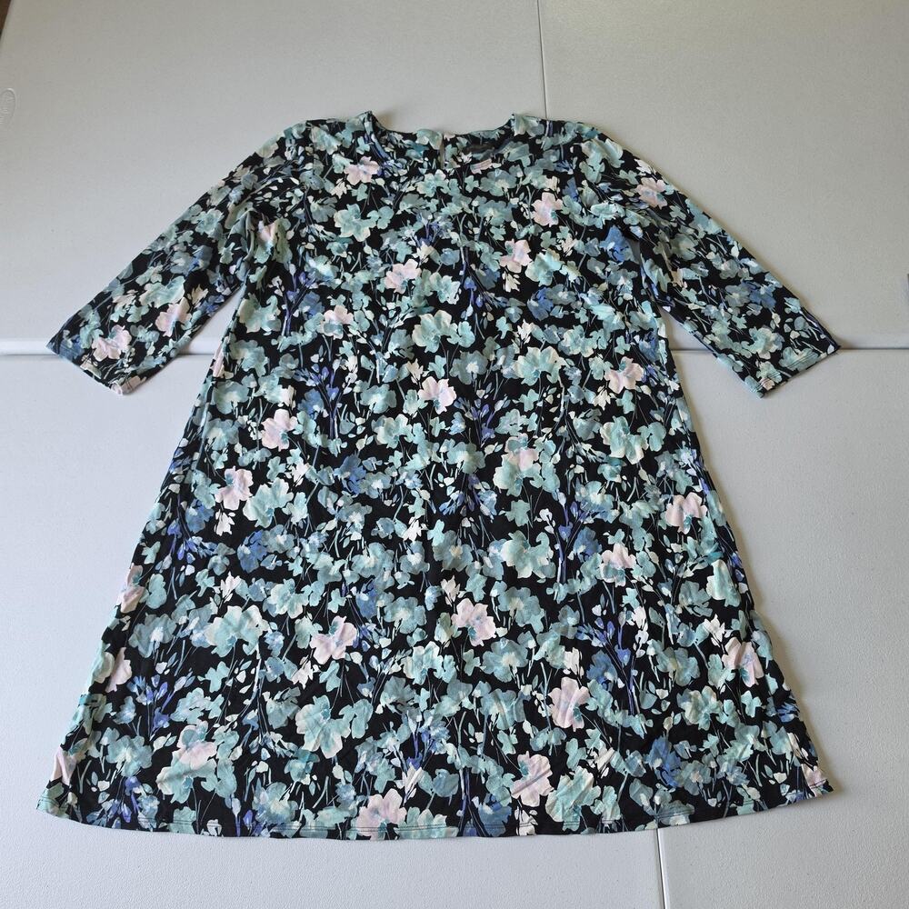 J Jill Wearever Dress Womens M Black Floral Jersey 3/4 Sleeve A Line Knee Length